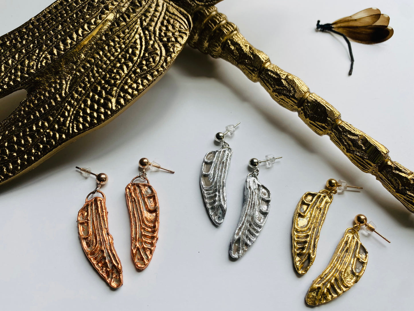 Dragonfly Wing Earrings- Gilded Natural Clay