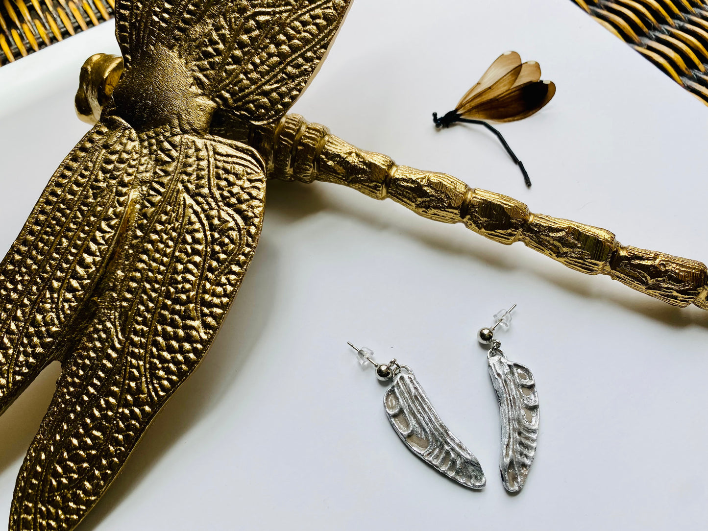 Dragonfly Wing Earrings- Gilded Natural Clay