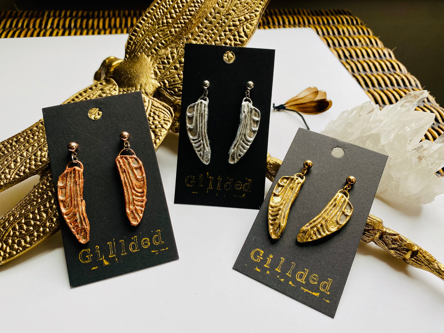 Dragonfly Wing Earrings- Gilded Natural Clay