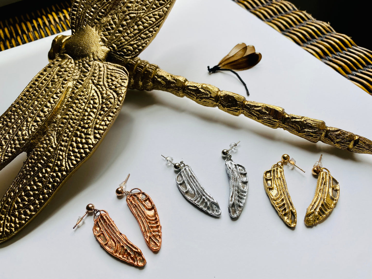 Dragonfly Wing Earrings- Gilded Natural Clay