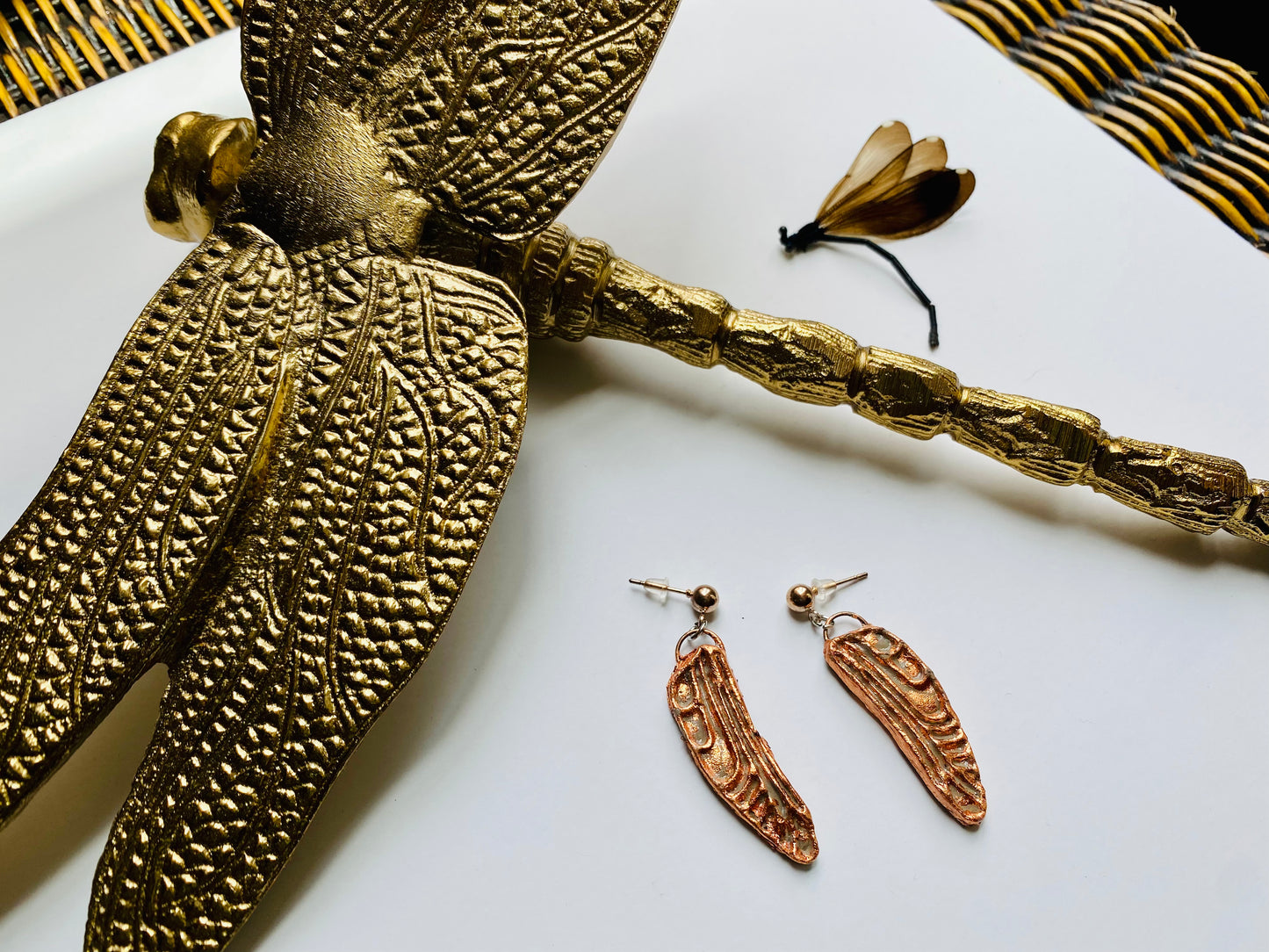 Dragonfly Wing Earrings- Gilded Natural Clay