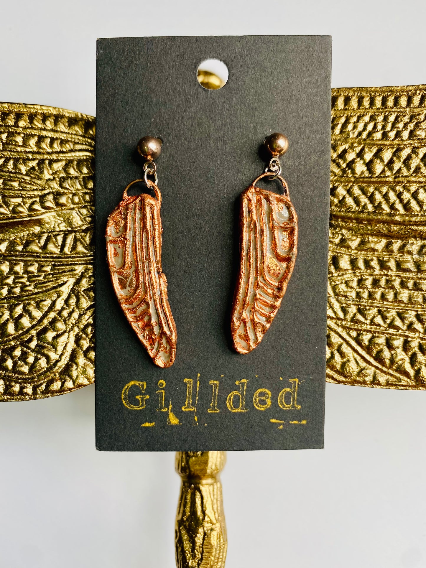 Dragonfly Wing Earrings- Gilded Natural Clay