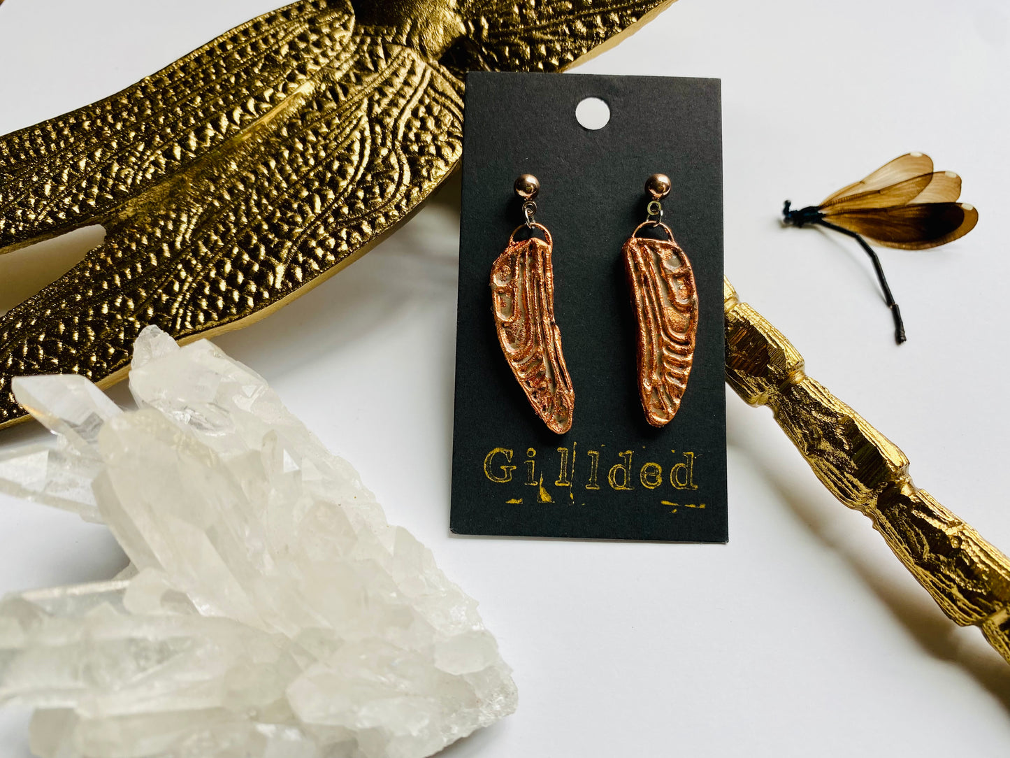 Dragonfly Wing Earrings- Gilded Natural Clay