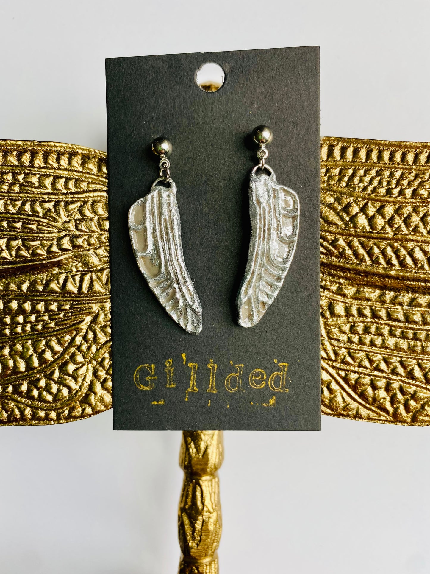 Dragonfly Wing Earrings- Gilded Natural Clay