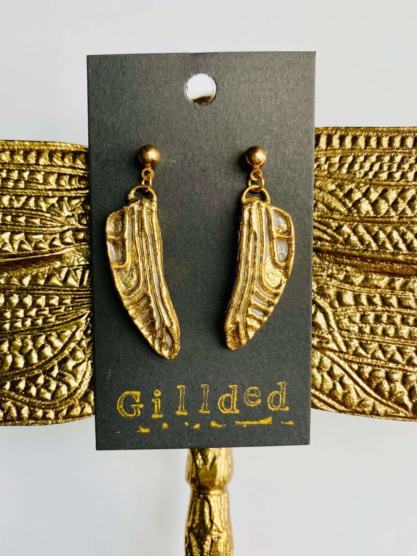 Dragonfly Wing Earrings- Gilded Natural Clay