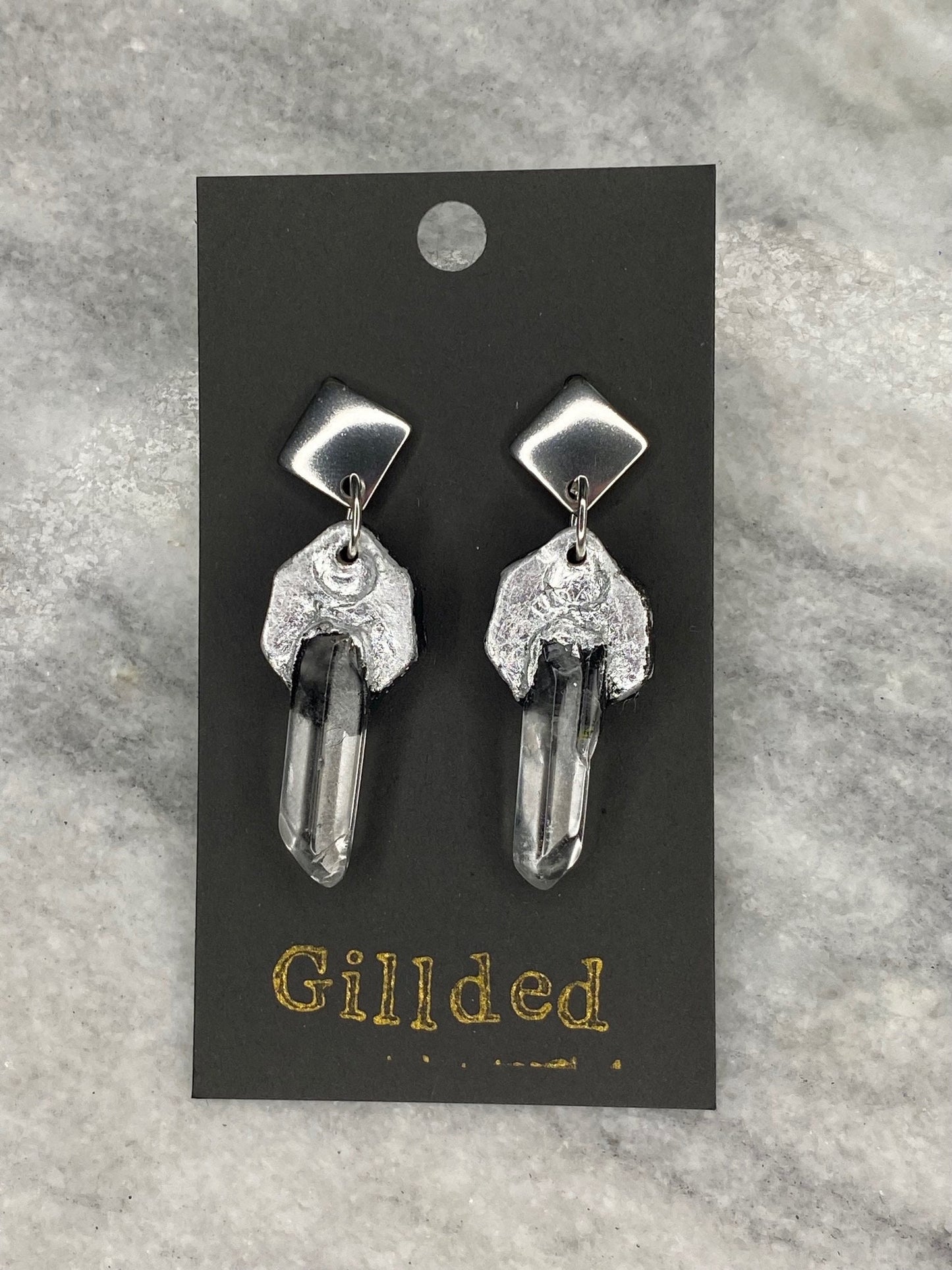 Clear Quartz Earrings- Gilded Natural Clay in Silver