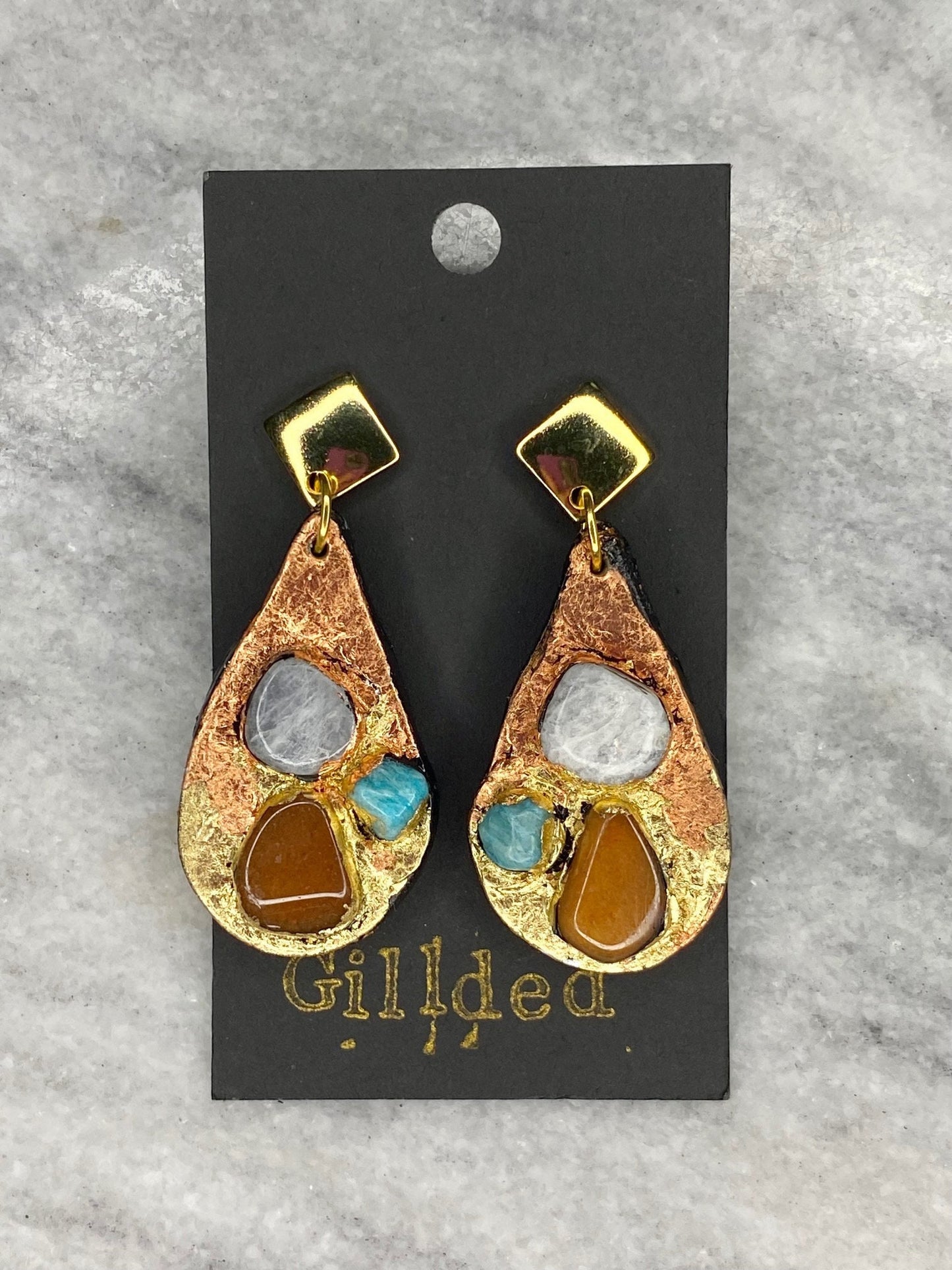 Moonstone, Orange Aventurine and Amazonite Earrings - Gilded Natural Clay in Gold and Copper