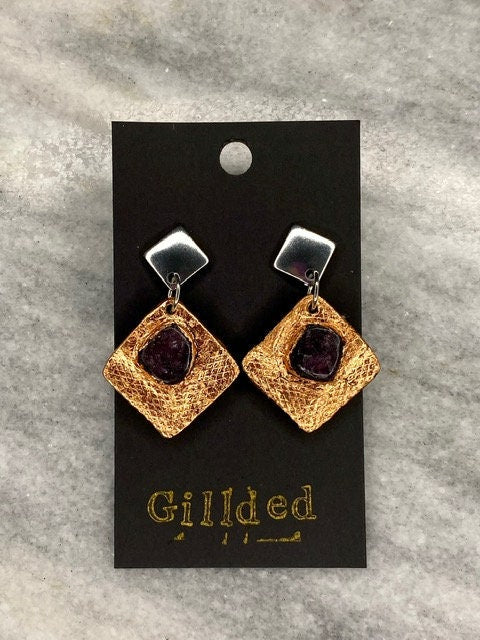 Lepidolite Earrings- Gilded Natural Clay in Copper