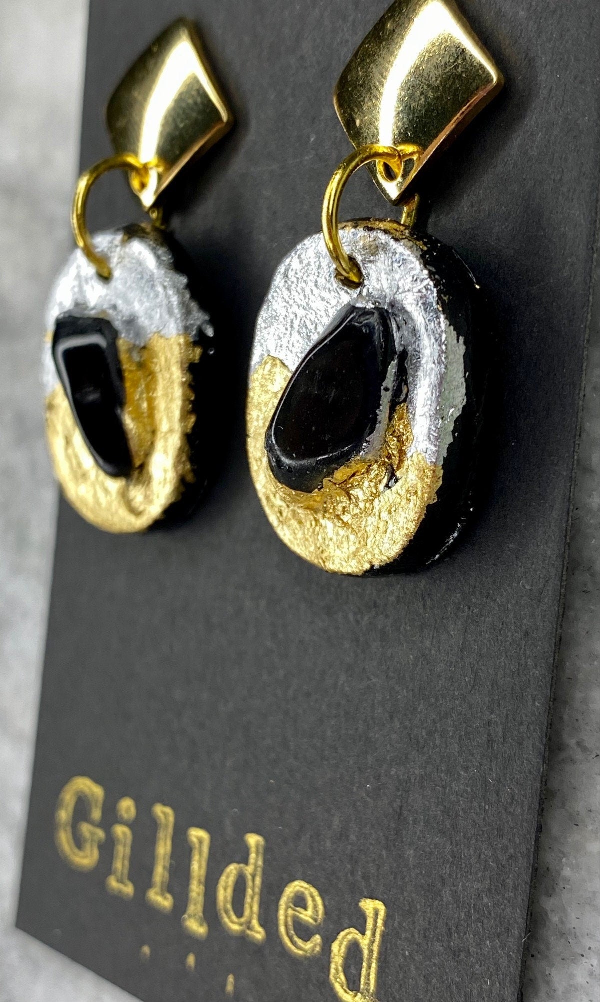 Obsidian Earrings- Gilded Natural Clay in Silver and Gold