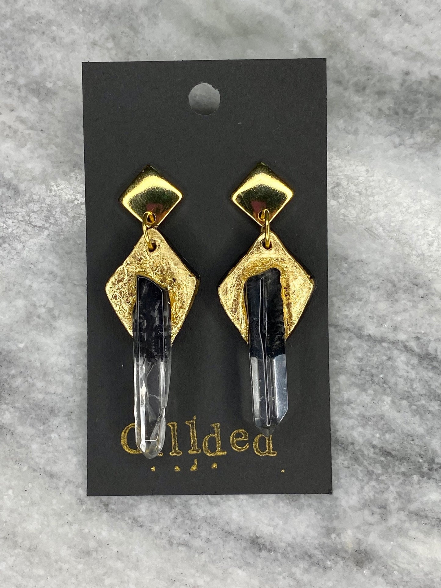 Clear Quartz Earrings- Gilded Natural Clay in Gold