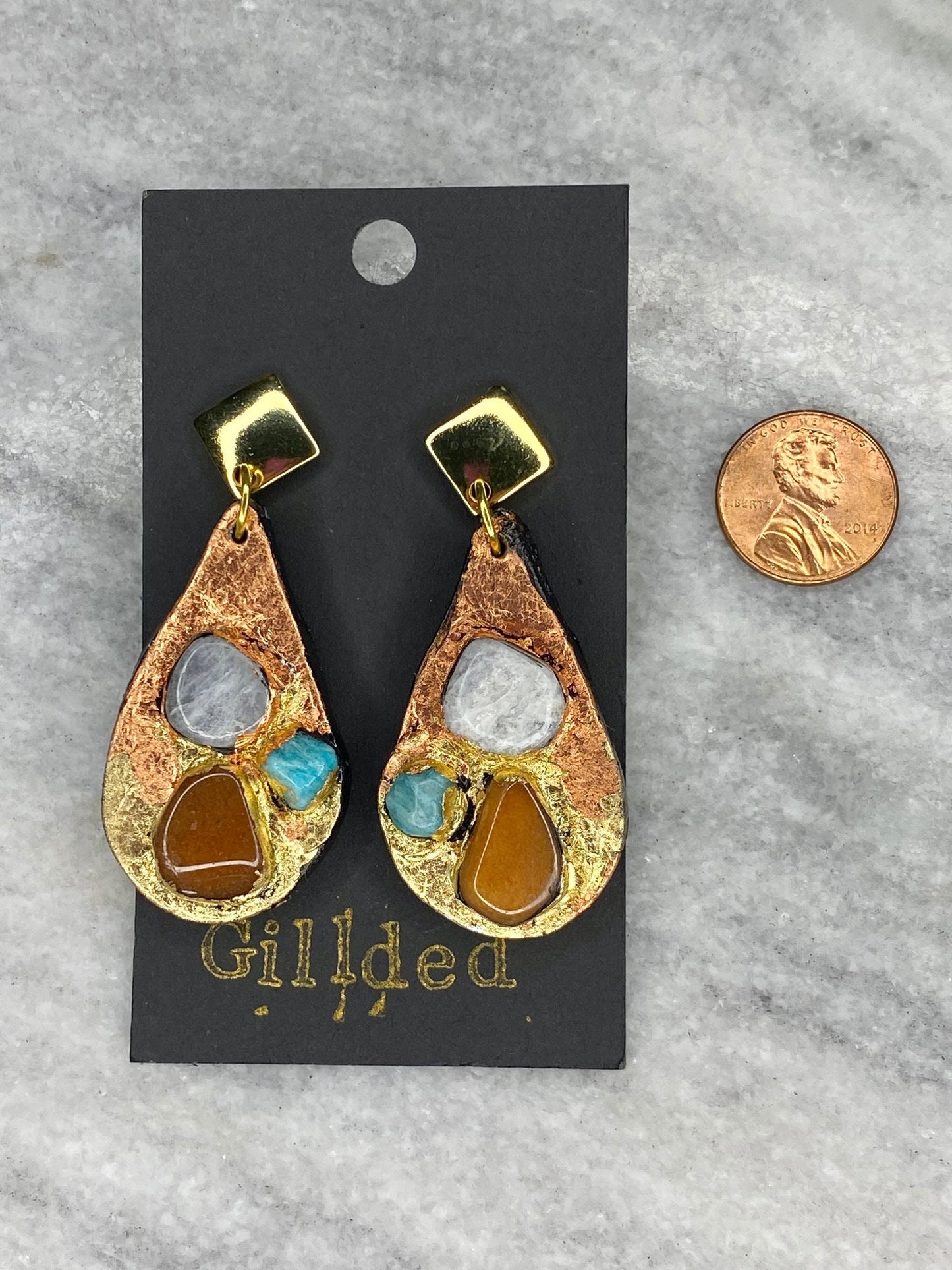 Moonstone, Orange Aventurine and Amazonite Earrings - Gilded Natural Clay in Gold and Copper