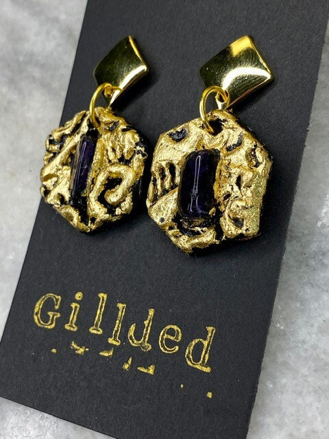 Amethyst Earrings- Gilded Natural Clay in Gold