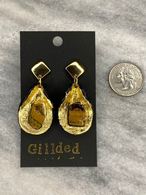 Tigers Eye Earrings- Gilded Natural Clay in Gold