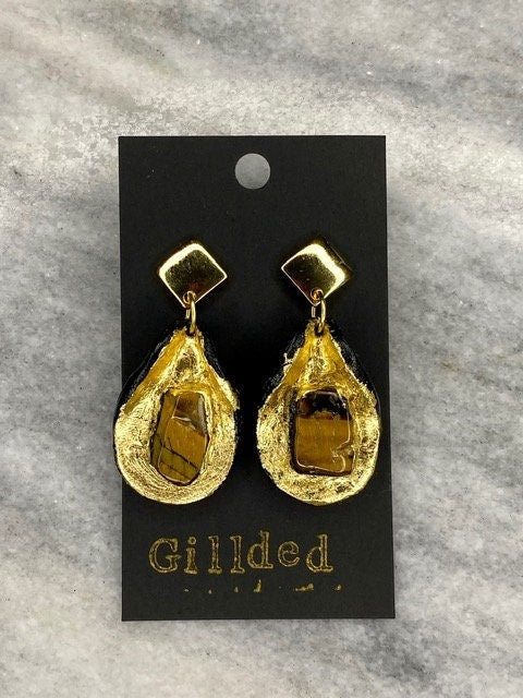 Tigers Eye Earrings- Gilded Natural Clay in Gold