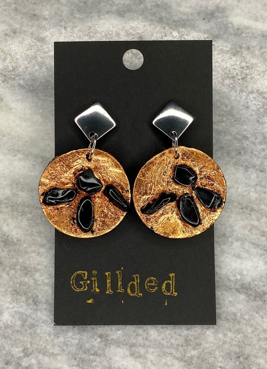 Obsidian Earrings- Gilded Natural Clay in Copper