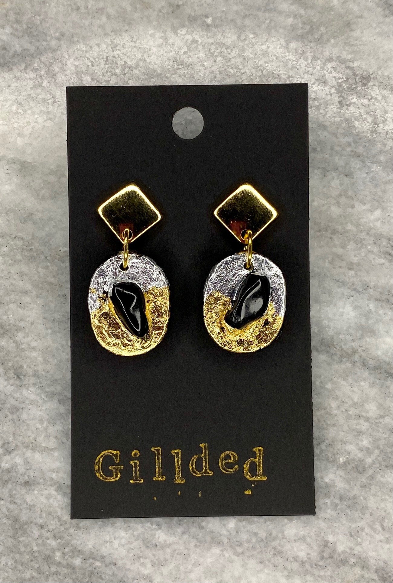 Obsidian Earrings- Gilded Natural Clay in Silver and Gold