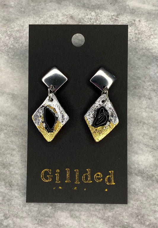 Obsidian Earrings- Gilded Natural Clay in Silver and Gold