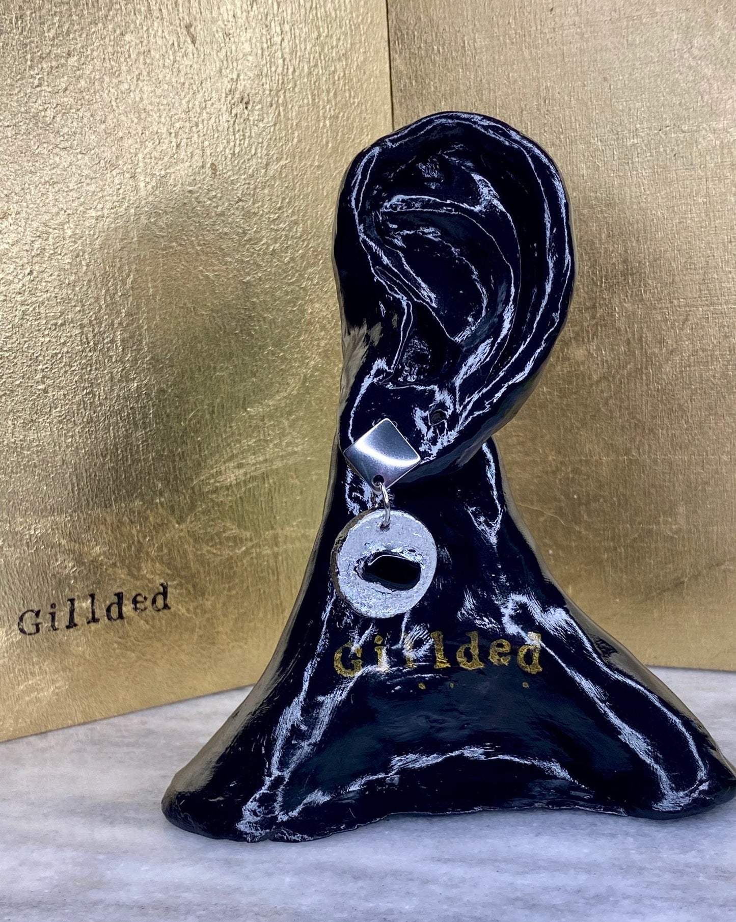 Obsidian Earrings- Gilded Natural Clay in Silver