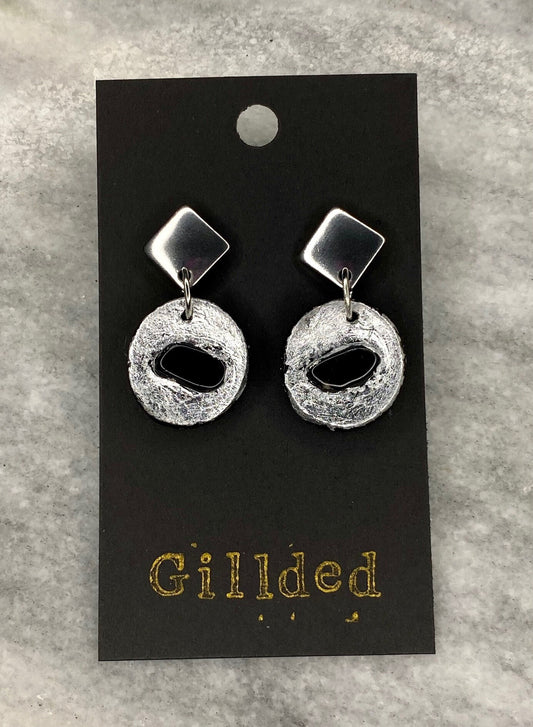 Obsidian Earrings- Gilded Natural Clay in Silver