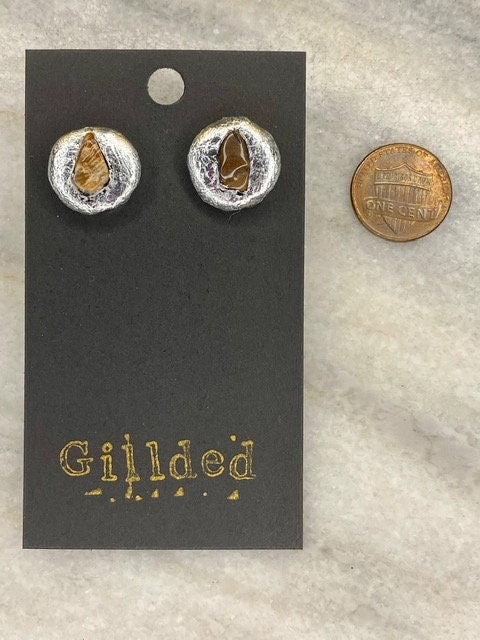 Petrified Wood Stud Earrings- Gilded Natural Clay in Silver- Great Gift!