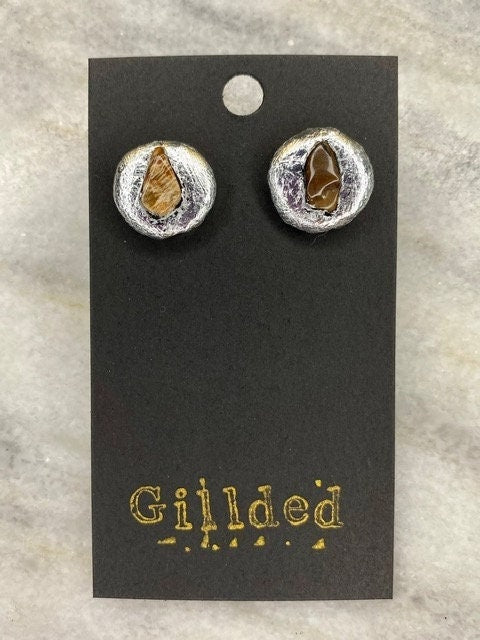 Petrified Wood Stud Earrings- Gilded Natural Clay in Silver- Great Gift!