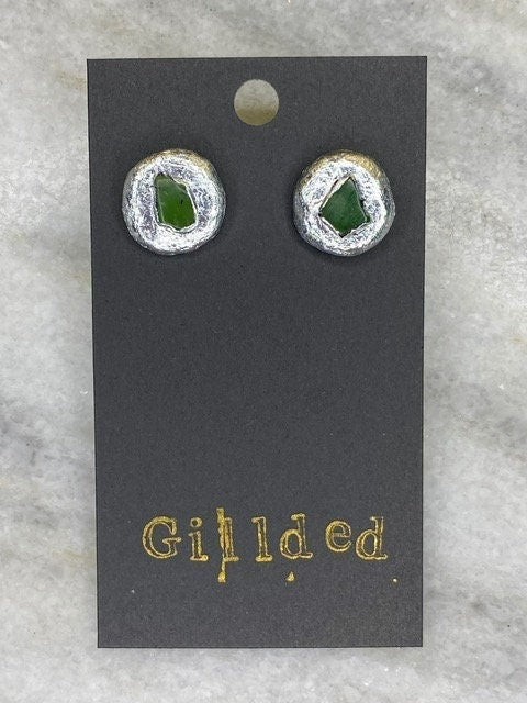 Green Jade Stud Earrings- Gilded Natural Clay in Silver- Great Gift!