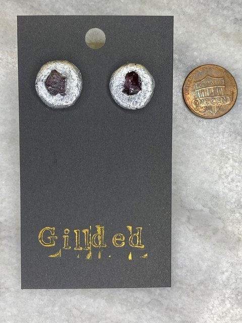 Pink Tourmaline Stud Earrings- Gilded Natural Clay in Silver- Great Gift!