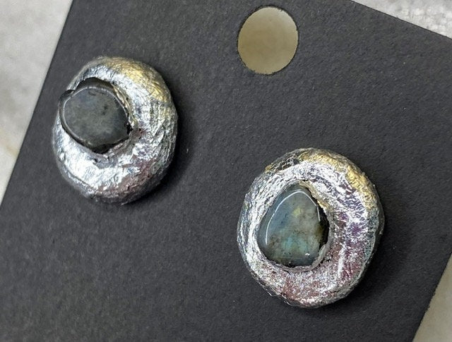 Labradorite Stud Earrings- Gilded Natural Clay in Silver- Great Gift!