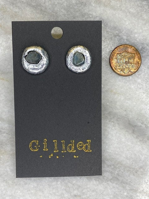 Labradorite Stud Earrings- Gilded Natural Clay in Silver- Great Gift!