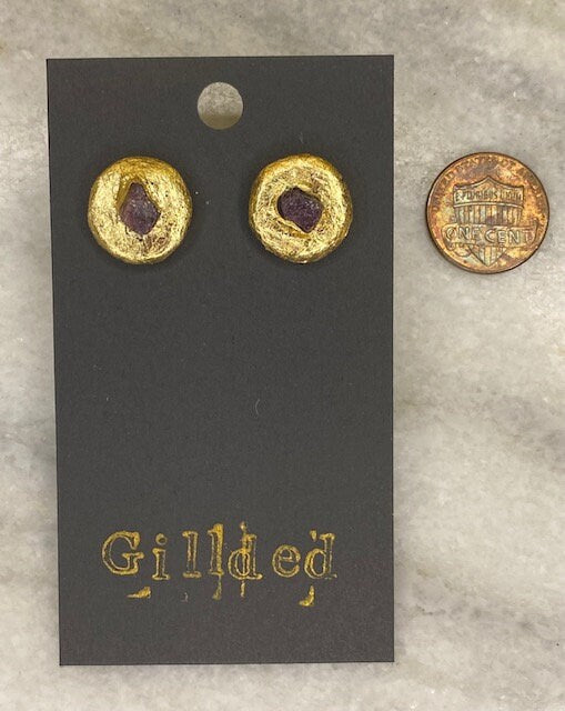 Pink Tourmaline Stud Earrings- Gilded Natural Clay in Gold- Great Gift!