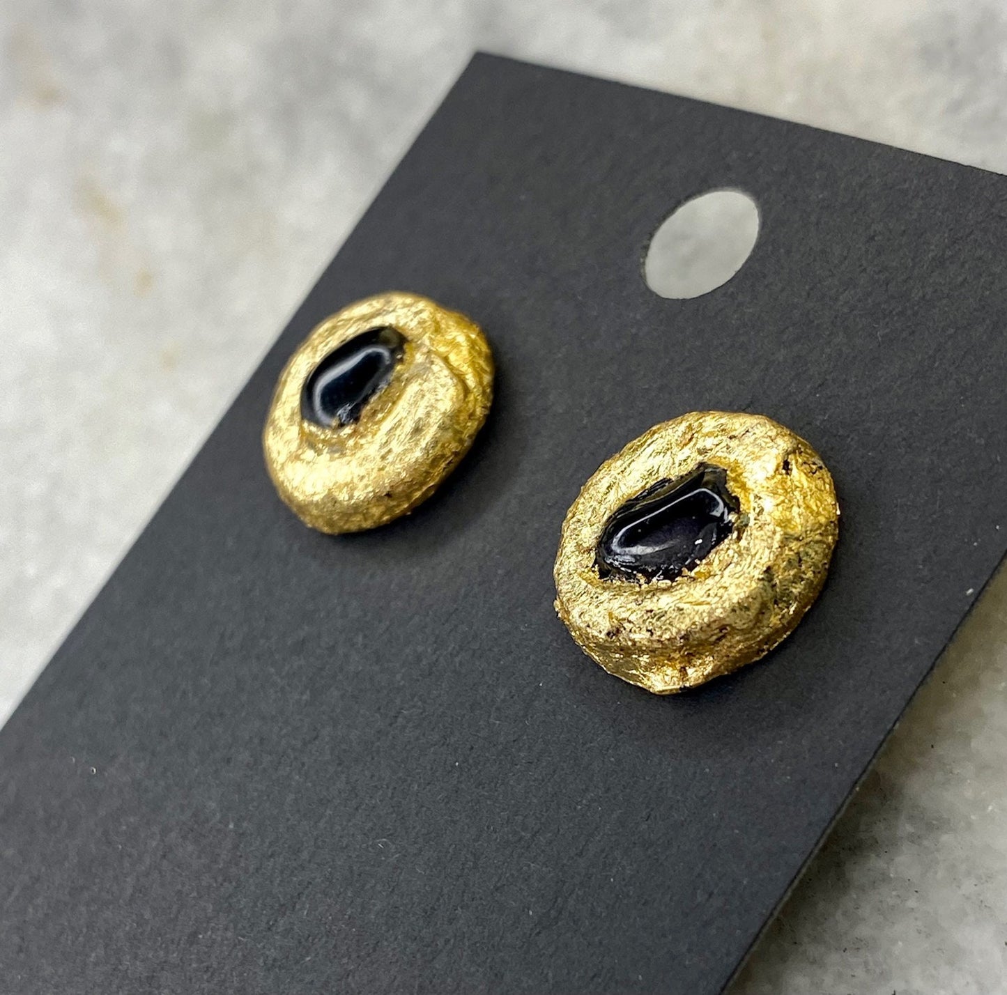 Obsidian Stud Earrings- Gilded Natural Clay in Gold