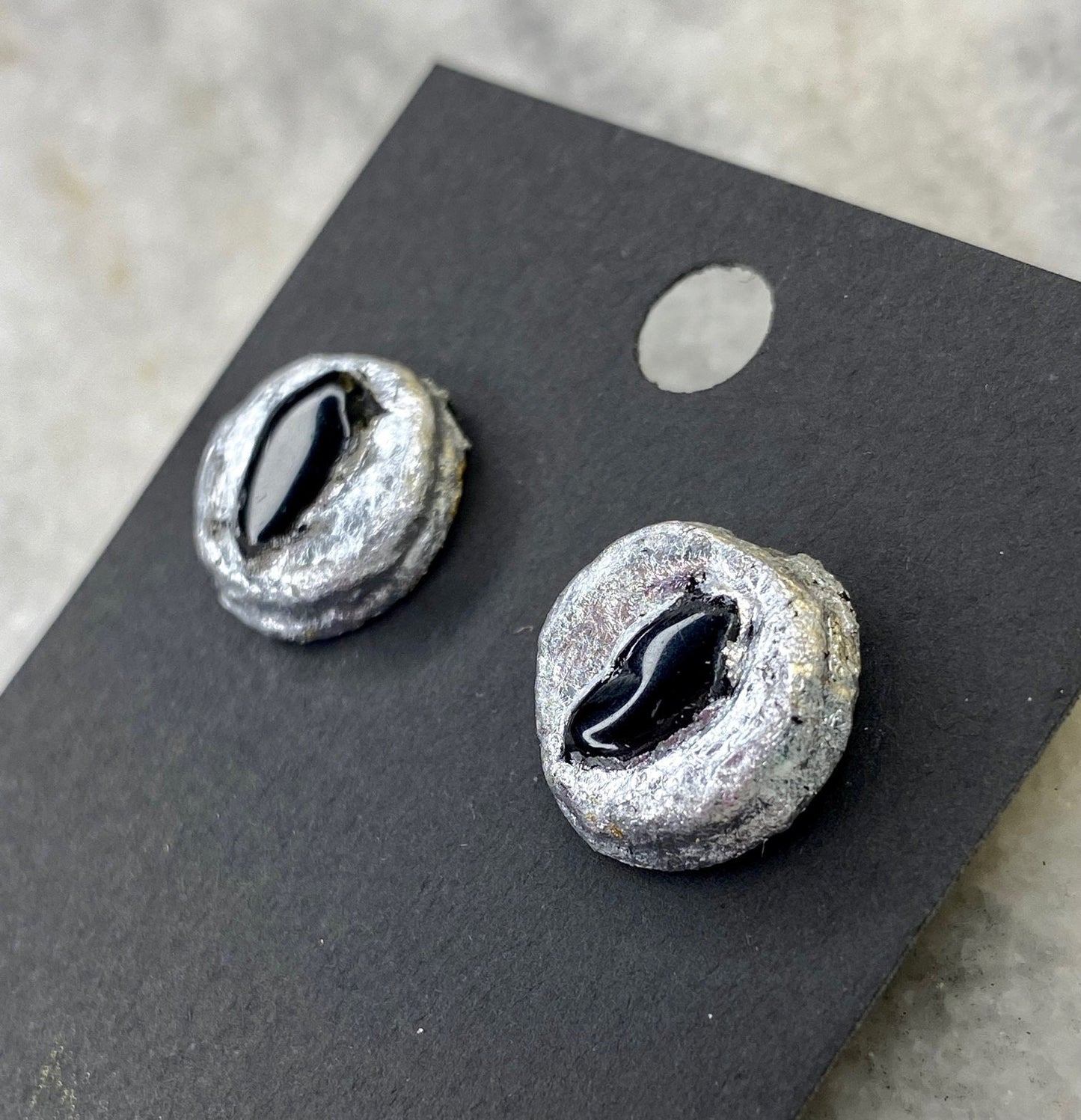 Obsidian Stud Earrings- Gilded Natural Clay in Silver