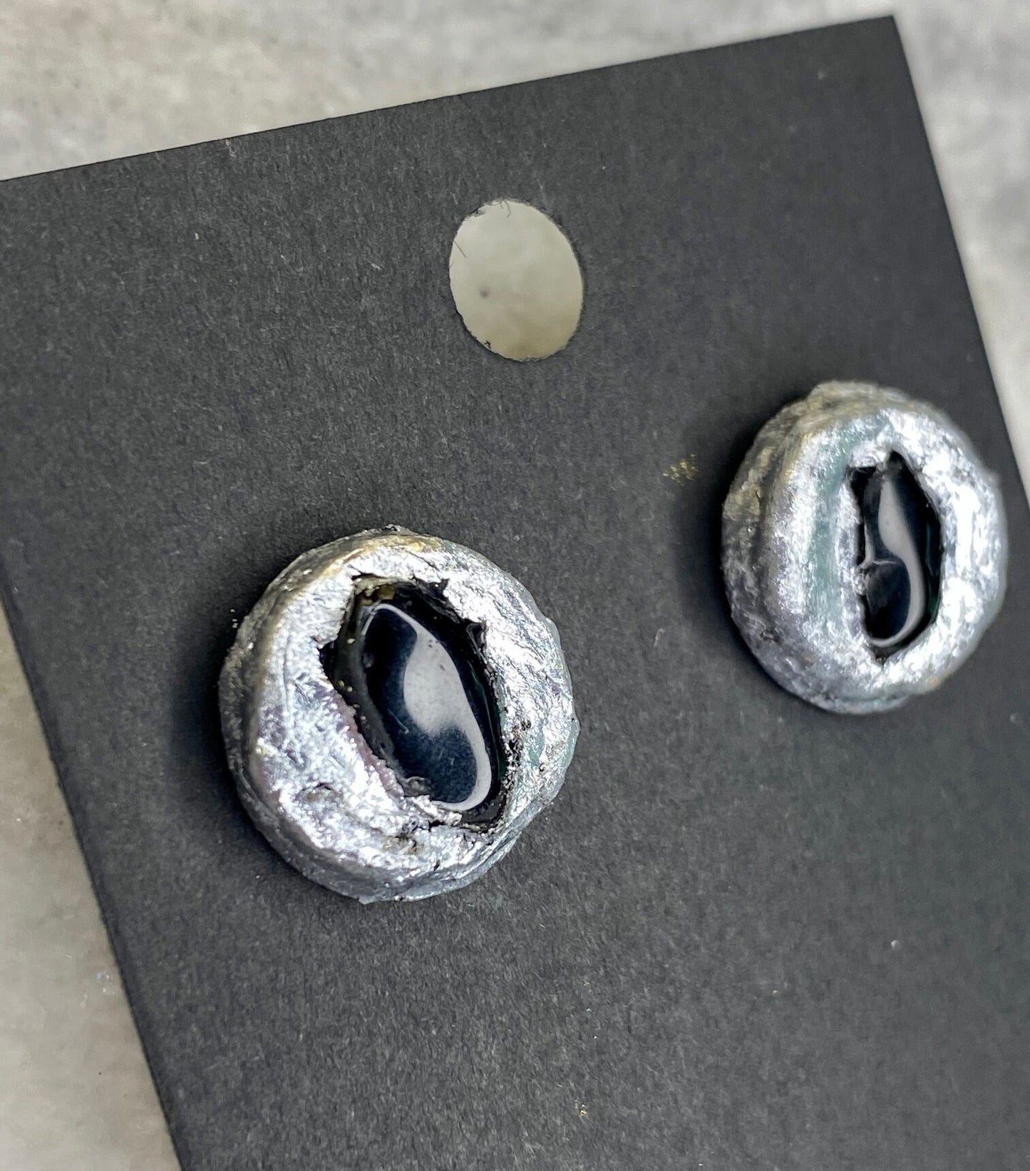 Obsidian Stud Earrings- Gilded Natural Clay in Silver