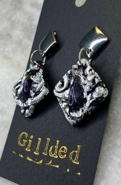 Amethyst Earrings- Gilded Natural Clay in Silver