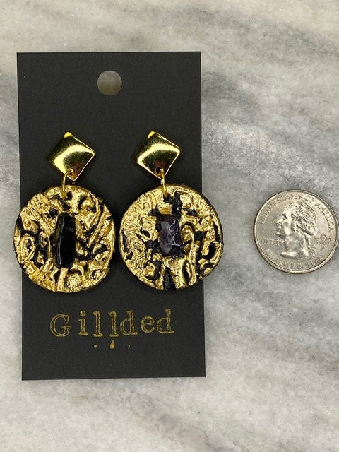 Amethyst Earrings- Gilded Natural Clay in Gold