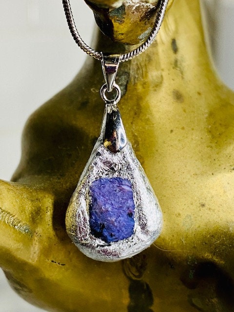 Charoite Pendant Necklace- Gilded Natural Clay in Silver