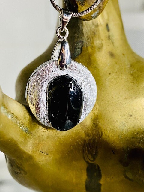 Obsidian Pendant Necklace- Gilded Natural Clay in SIlver- Great Gift!