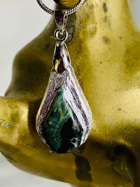 Kambaba Jasper Pendant Necklace- Gilded Natural Clay in Silver- Great Gift!