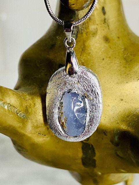 Blue Lace Agate Pendant Necklace- Gilded Natural Clay in Silver- Great Gift!