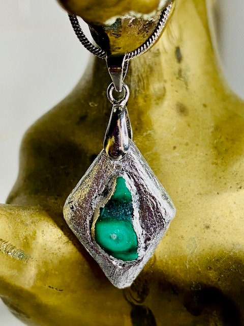 Malachite Pendant Necklace- Gilded Natural Clay in Silver- Great Gift!