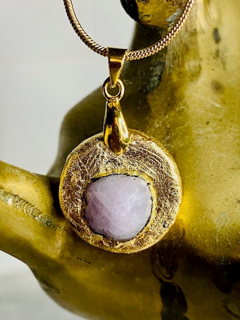 Kunzite Pendant Necklace- Gilded Natural Clay in Gold- Great Gift!