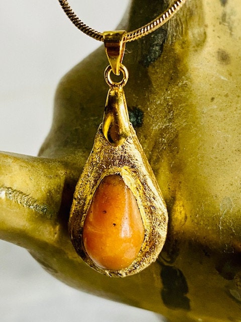 Orange Aventurine Pendant Necklace- Gilded Natural Clay in Gold- Great Gift!