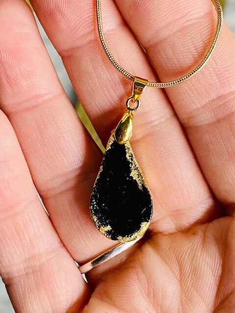 Rainbow Moonstone Pendant Necklace- Gilded Natural Clay in Gold- Great Gift!