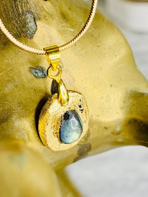 Labradorite Pendant Necklace- Gilded Natural Clay in Gold- Great Gift!