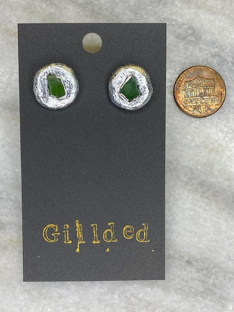 Green Jade Stud Earrings- Gilded Natural Clay in Silver- Great Gift!