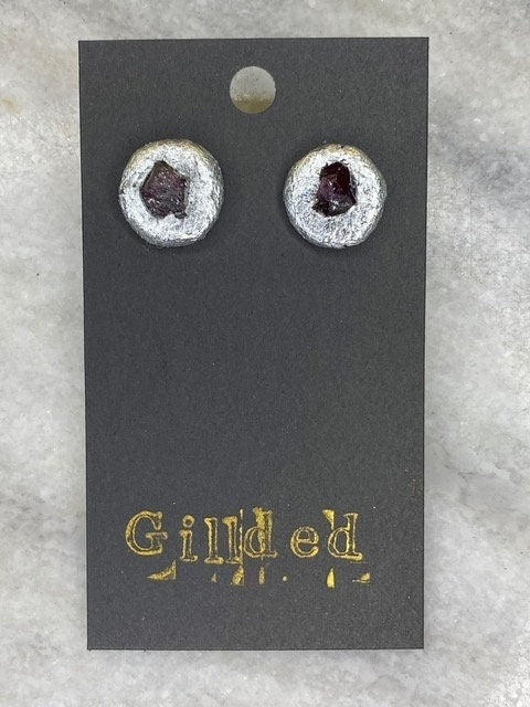 Pink Tourmaline Stud Earrings- Gilded Natural Clay in Silver- Great Gift!