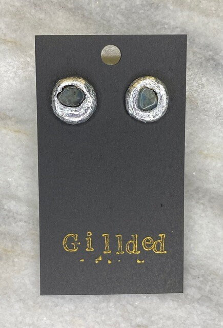 Labradorite Stud Earrings- Gilded Natural Clay in Silver- Great Gift!