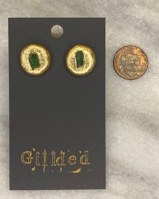 Green Jade Stud Earrings- Gilded Natural Clay in Gold- Great Gift!