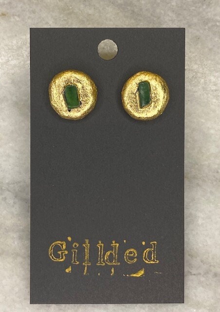 Green Jade Stud Earrings- Gilded Natural Clay in Gold- Great Gift!