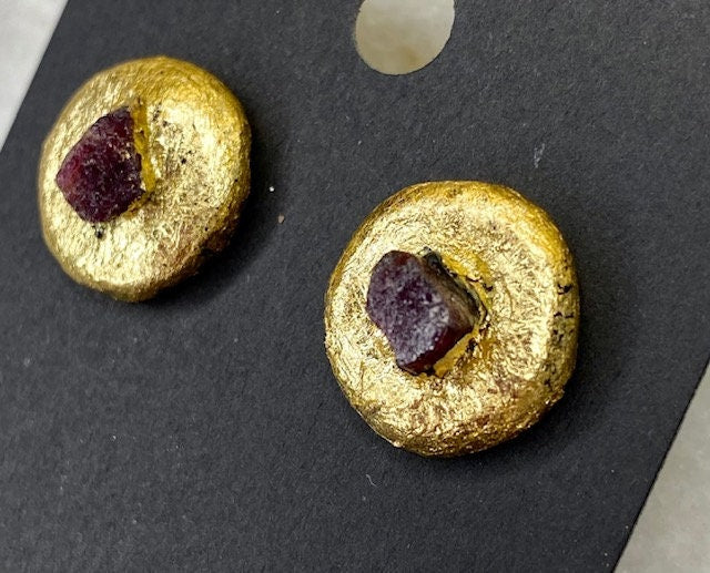 Pink Tourmaline Stud Earrings- Gilded Natural Clay in Gold- Great Gift!